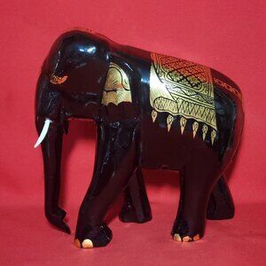 Black Gold Laquered Elephant Figurine Hand Carved Wood Hand Painted